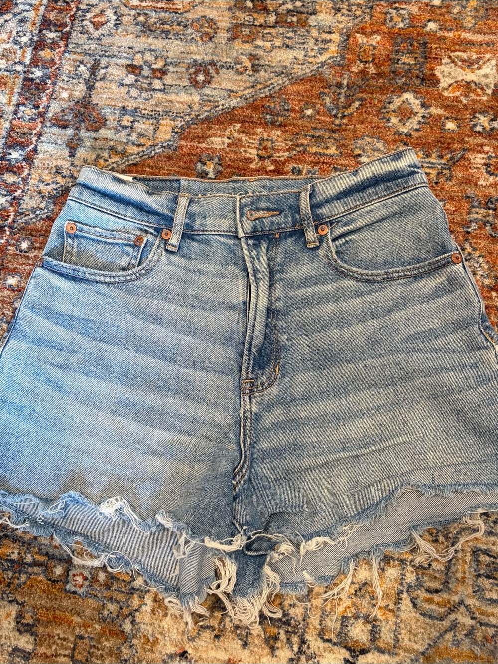 American Eagle Outfitters Light Blue High-Rise Frayed Denim Shorts